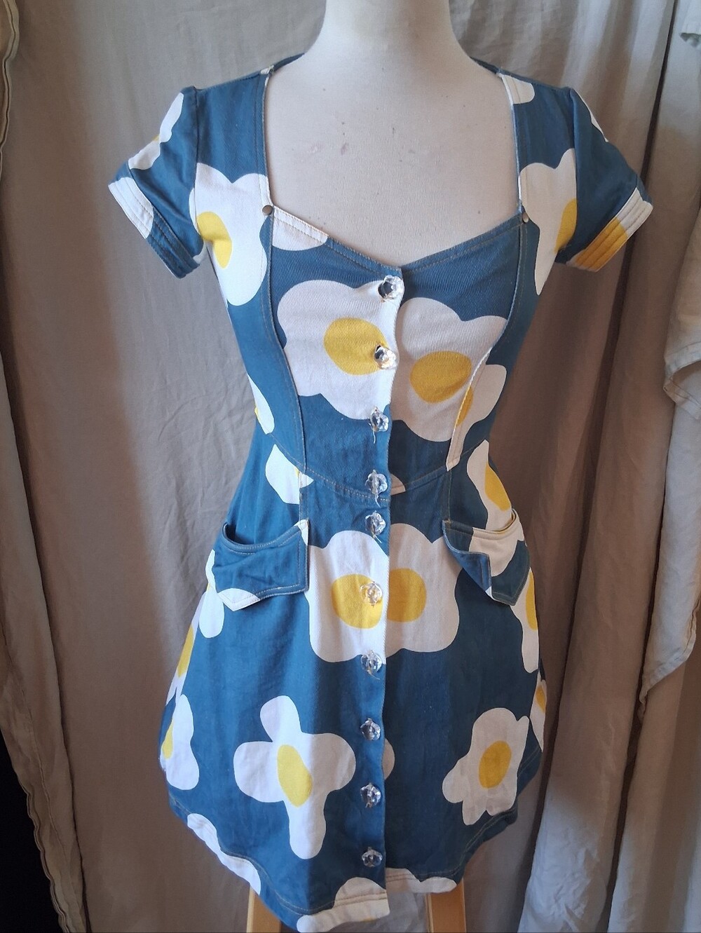 Unique Vintage Size s 4 Blue Denim & Egg Flower Print Fit & Flare Dress 100cotto